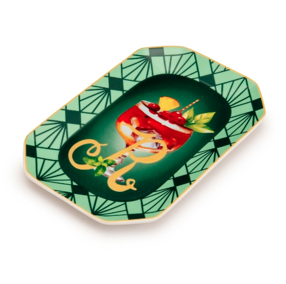 Palais Royal Vassoietto Svuotatasche Porcellana Iniziale R con Ricetta Cocktail Rob Roy 12x18 cm