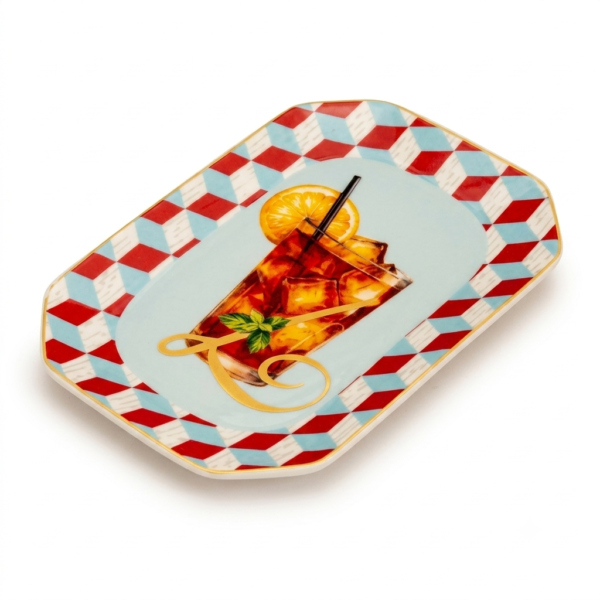 Palais Royal Vassoietto Svuotatasche Porcellana Iniziale L con Ricetta Cocktail Long Island Iced Tea 12x18 cm