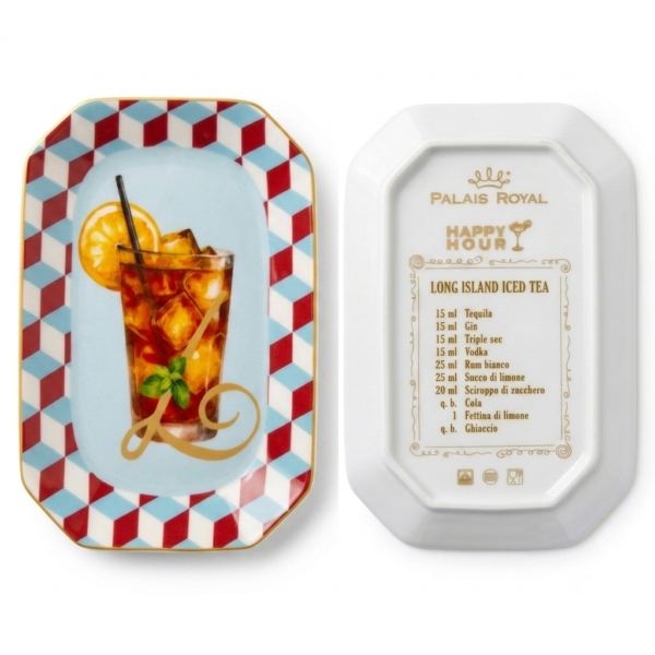 Palais Royal Vassoietto Svuotatasche Porcellana Iniziale L con Ricetta Cocktail Long Island Iced Tea 12x18 cm