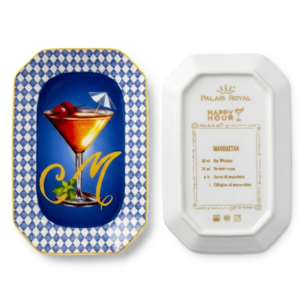 Palais Royal Vassoietto Svuotatasche Porcellana Iniziale M con Ricetta Cocktail Manhattan 12x18 cm