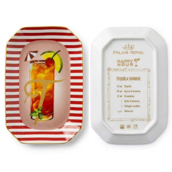 Palais Royal Vassoietto Svuotatasche Porcellana Iniziale T con Ricetta Cocktail Tequila Sunrise 12x18 cm